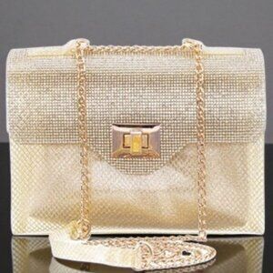 Printed Vinyl Satchel Bag with Crystal Flap - GOLD/CLEAR
